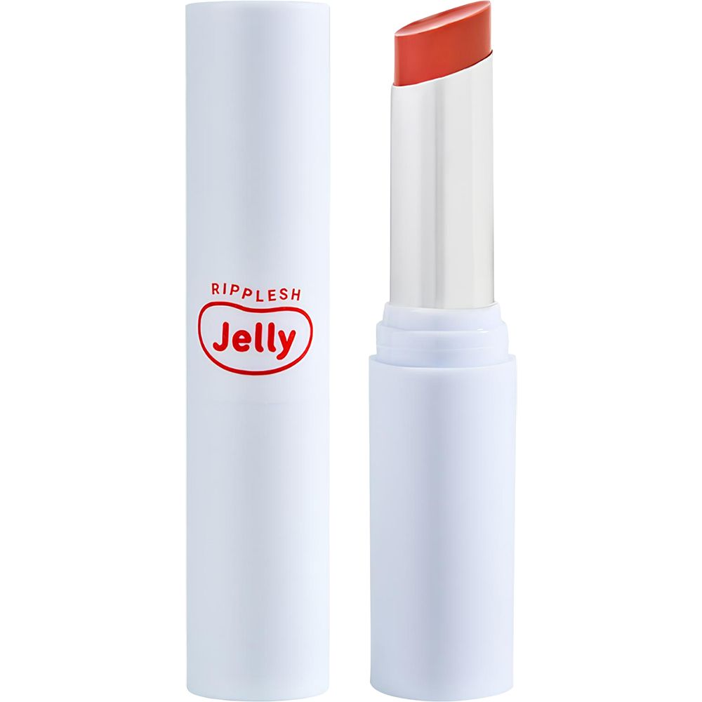 Witte lippenbalsemstift met rode lipstick. Op de stift staat "Ripplesh Jelly". De lipstick is open.