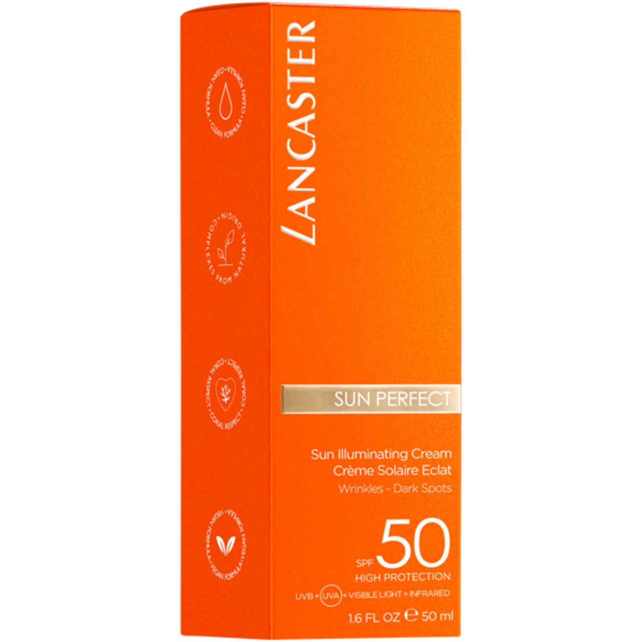 Oranje verpakking met productinformatie. Tekst: Lancaster, Sun Perfect, SPF 50, Crème Solaire Eclat, Wrinkles - Dark Spots.