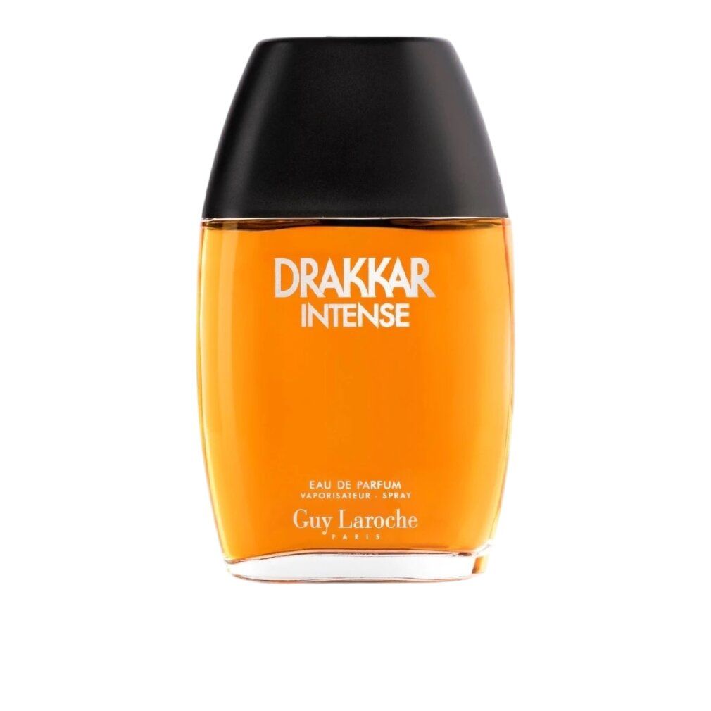 Drakkar Intense fles. Oranje fles met zwarte dop. Productnaam in witte letters.