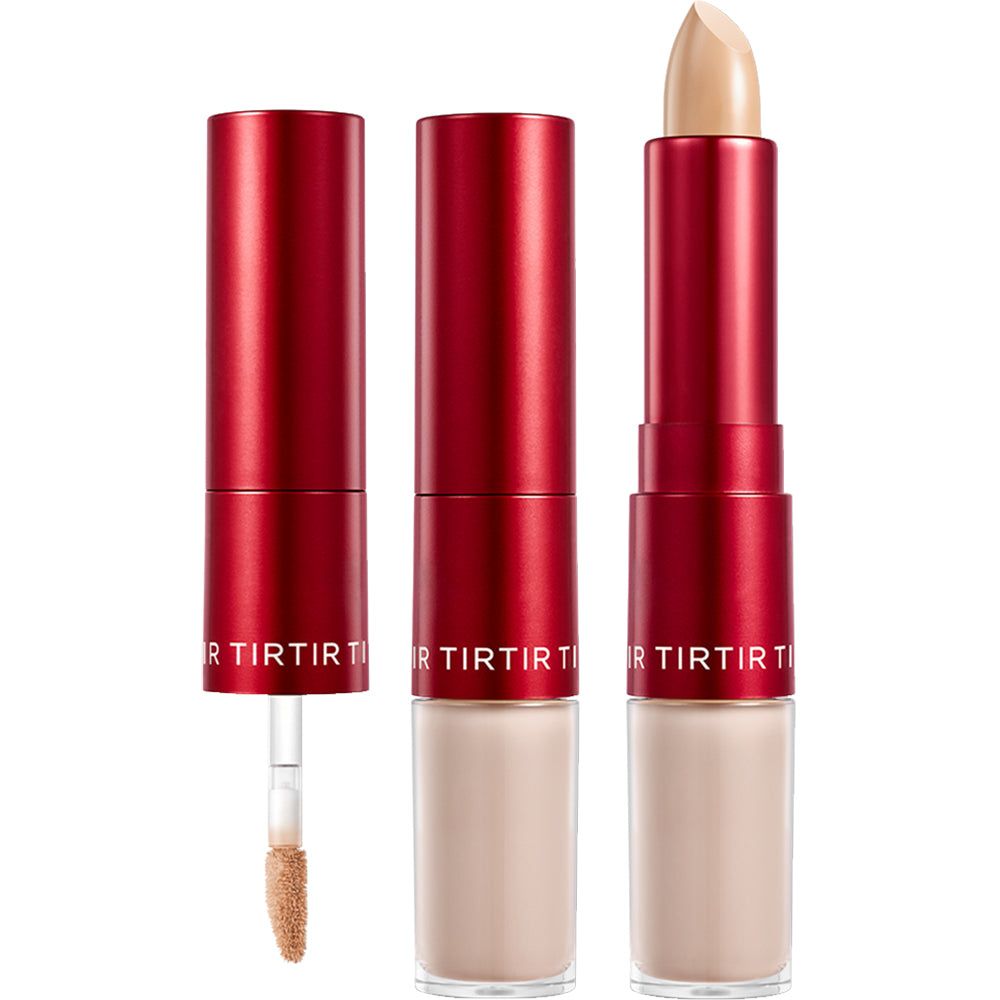 Trois contenants de correcteur rouges. Un avec applicateur, un avec bâton, un ouvert. Texte : TIRTIR.