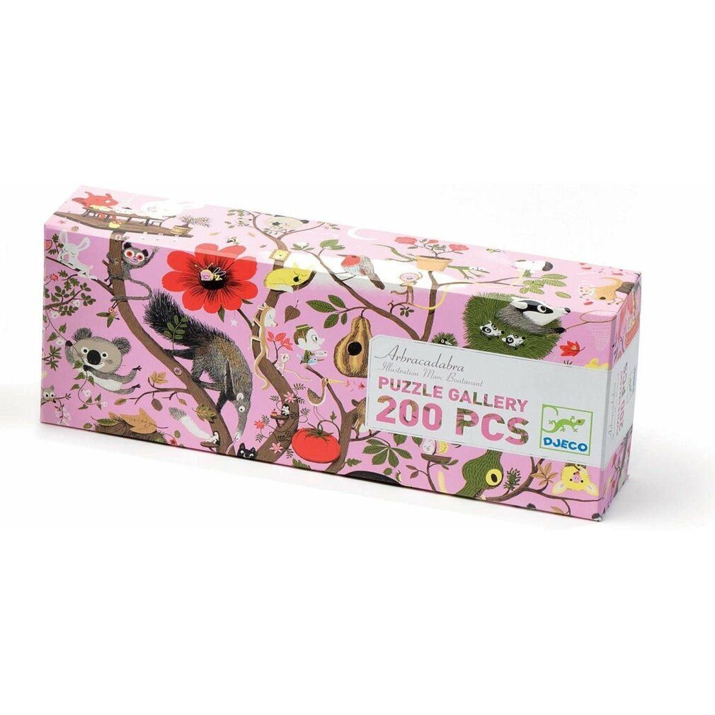 Boîte de puzzle rose 200 pièces, illustrée d'animaux et de plantes style jungle. Marque : Djeco.
