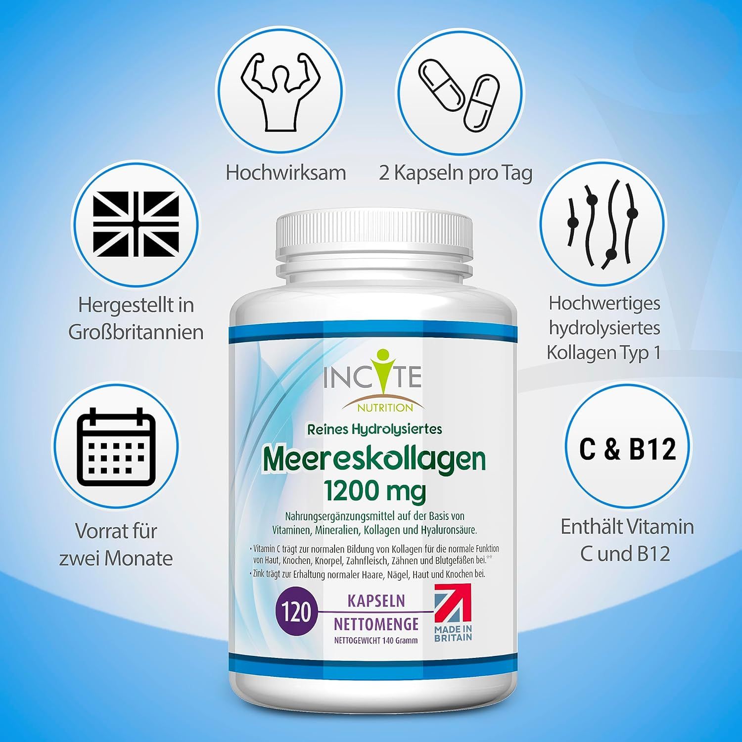 Fles "Meereskollagen 1200 mg" en 120 capsules. Grafieken tonen voordelen en herkomst VK.