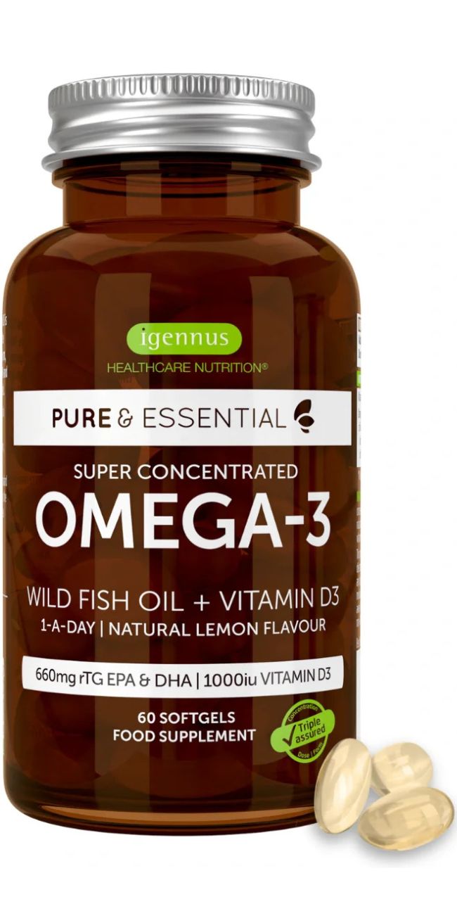 Bouteille d'Oméga-3 avec étiquette : Pure & Essential Super Concentrated.