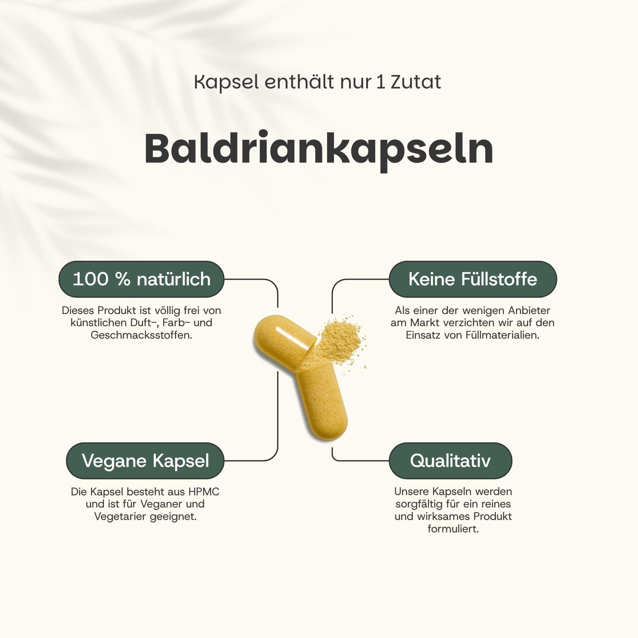 Gele capsule met valeriaanpoeder, die slechts één ingrediënt bevat. Labels: 100% natuurlijk, geen vulstoffen, vegan capsule, kwalitatief.