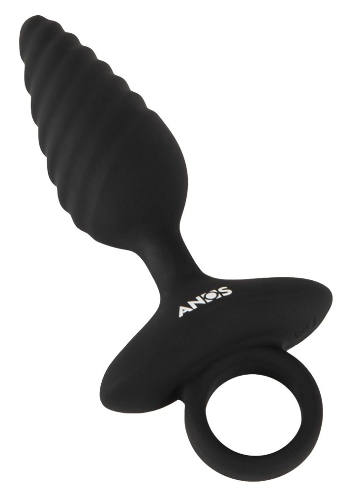 Bouchon anal noir en spirale avec anneau et logo ANOS.