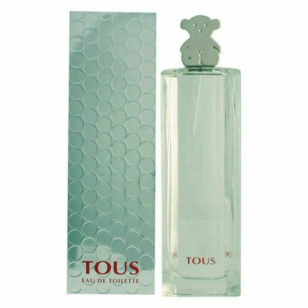 Flacon avec bouchon ours argenté et emballage. Inscription: TOUS Eau de Toilette. Fond vert.