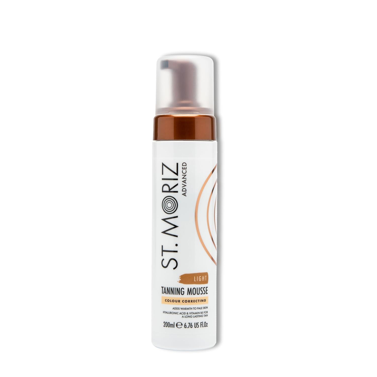 Mousse autobronzant ST. MORIZ Advanced. Flacon blanc, bouchon marron. Texte: Light, correction couleur, 200ml.