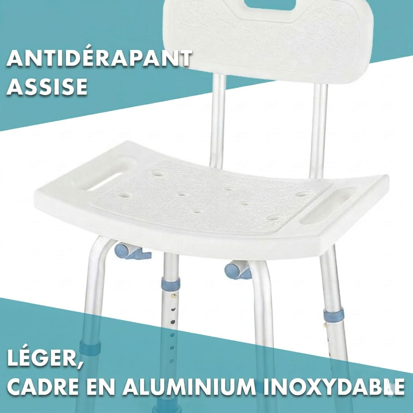Chaise de douche avec dossier. Assise antidérapante. Cadre en aluminium léger et inoxydable.