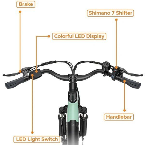 Gros plan du guidon d'un vélo électrique. Freins, interrupteurs, écran LED, Shimano 7.