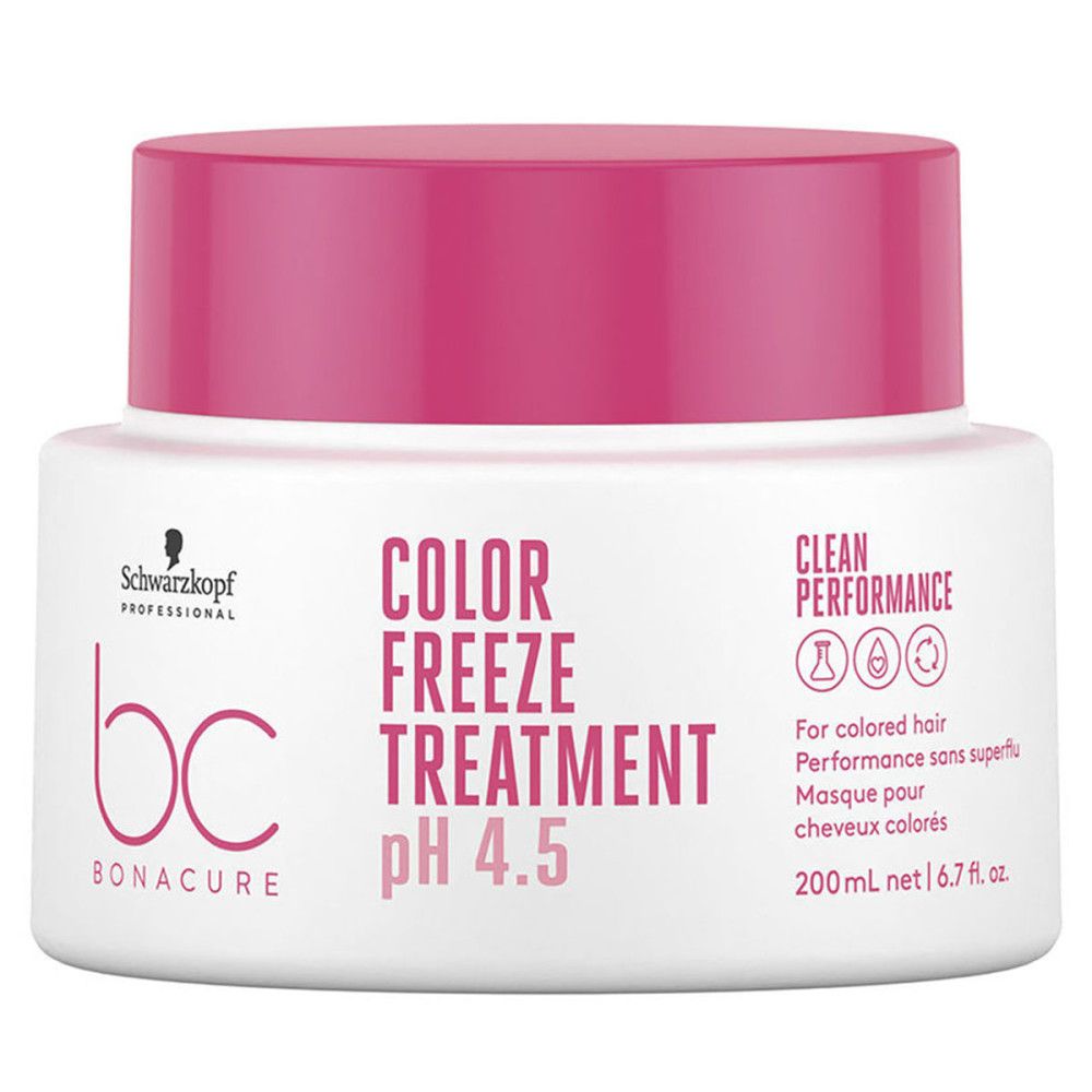 Pot blanc avec couvercle rose. Inscription : Color Freeze Treatment pH 4.5. Marque : Schwarzkopf BC Bonacure. Pour cheveux colorés.
