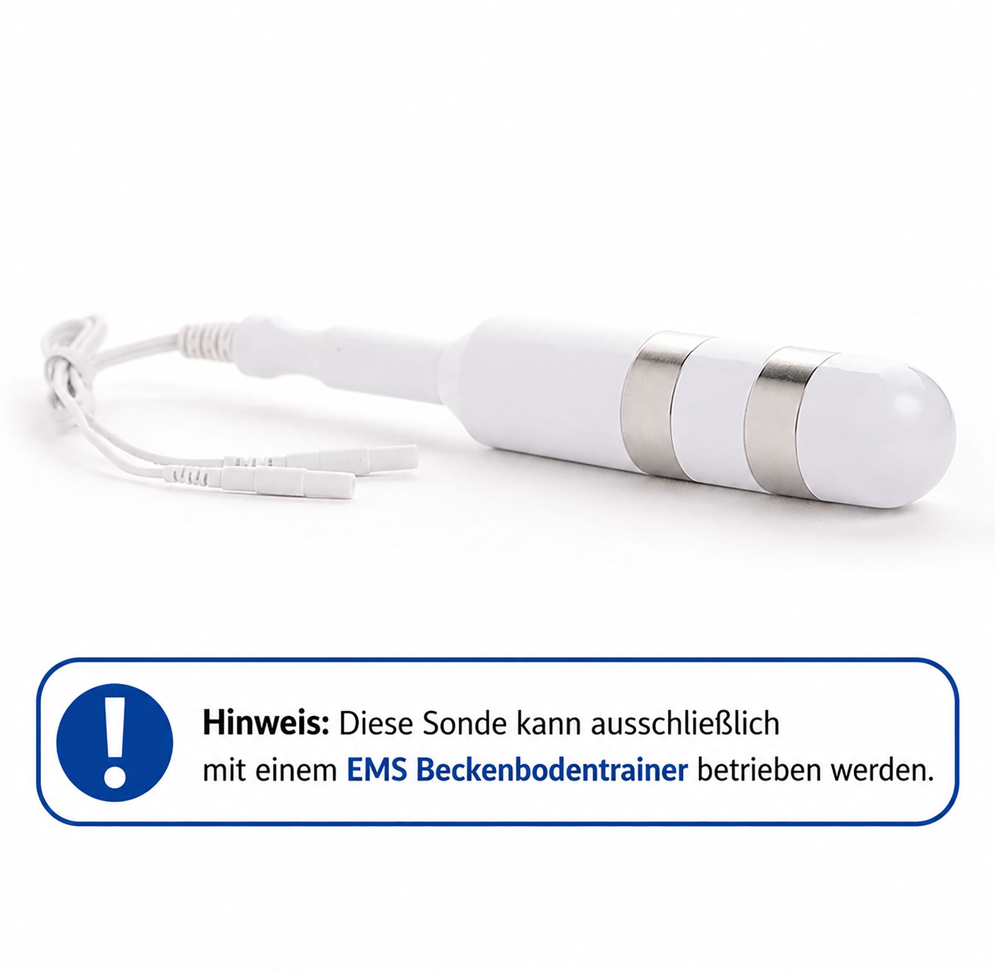 Witte elektrode met aansluitkabels en opmerking voor gebruik met EMS bekkenbodemtrainer.
