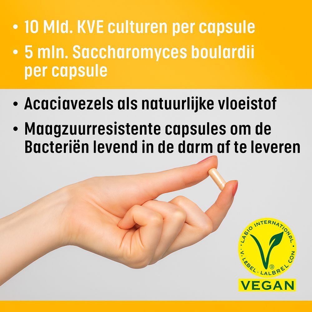 Hand houdt een capsule vast. Opschrift: 10 Mld. KVE, 5 mln. Saccharomyces boulardii. Vegan-label.