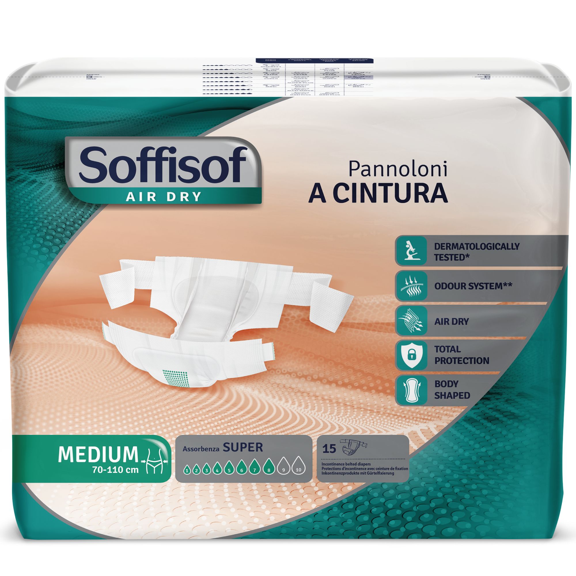 Paquet de protections contre l'incontinence. Soffisof Air Dry, taille Medium, 70-110 cm. 15 pièces. Avec ceinture. Testé dermatologiquement.