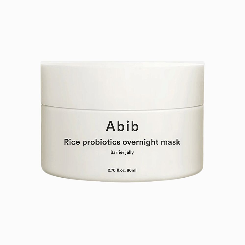 Boîte blanche avec inscription 'Abib Rice probiotics overnight mask'.