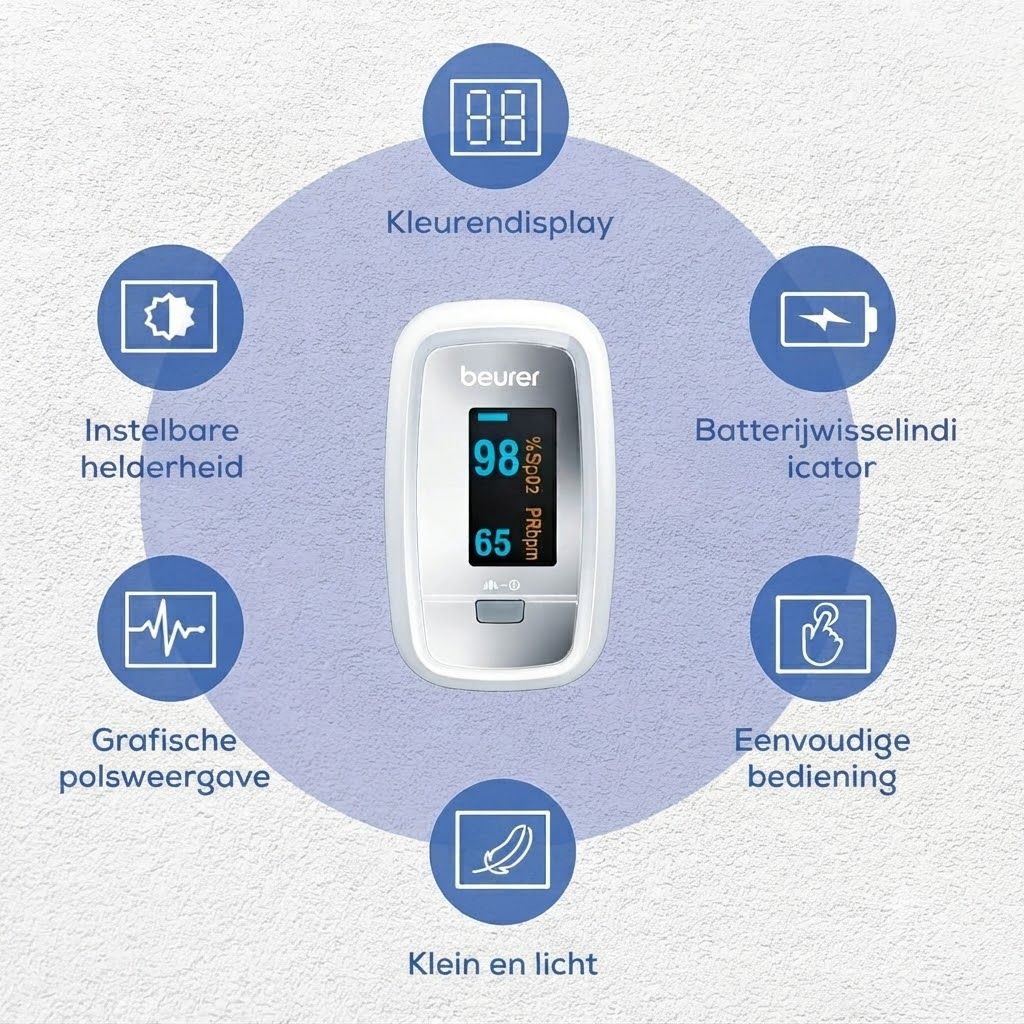Beurer vingerpulsoximeter PO 30 in verpakking, achterkant.