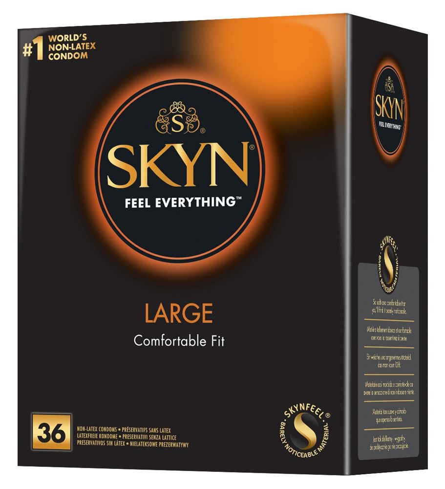 Boîte noire SKYN "LARGE Comfortable Fit". Contient 36 préservatifs. Logo et texte en or. #1 préservatifs non-latex.