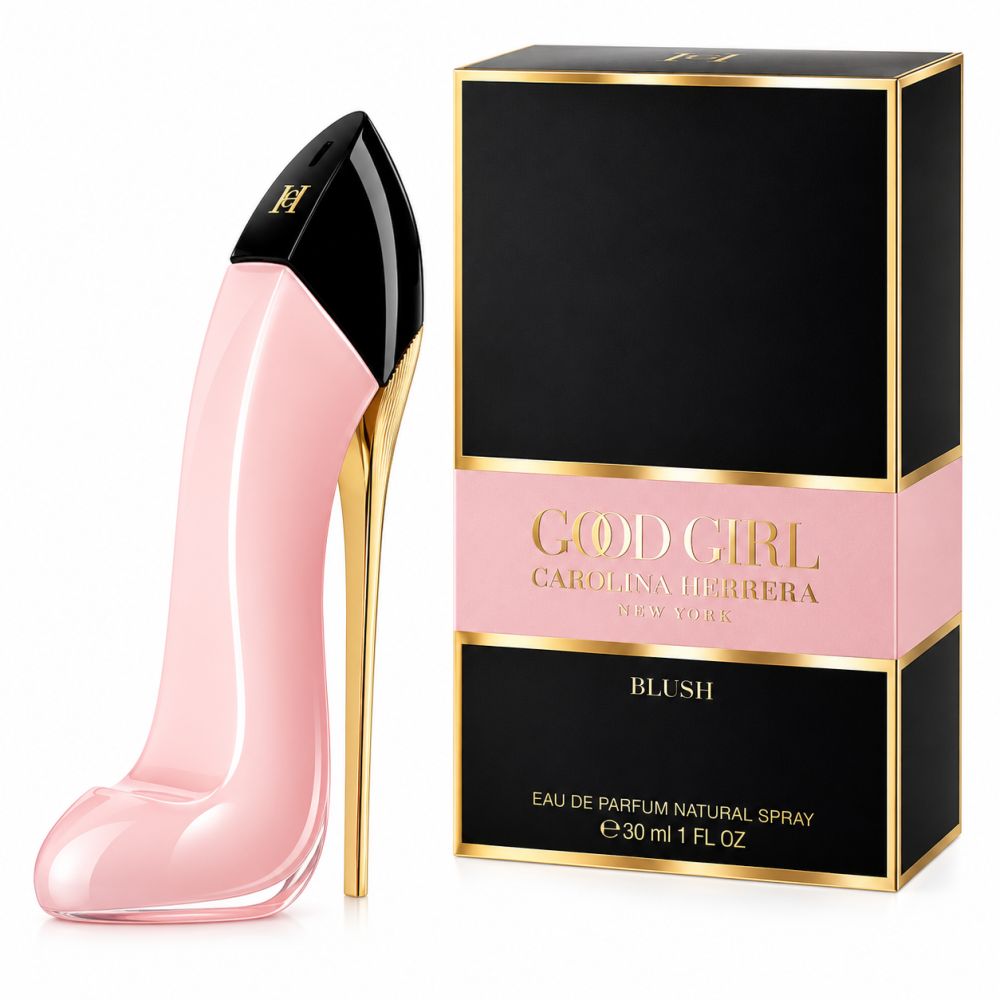 Roze pump-parfumfles met gouden hak naast een zwarte en roze verpakking.