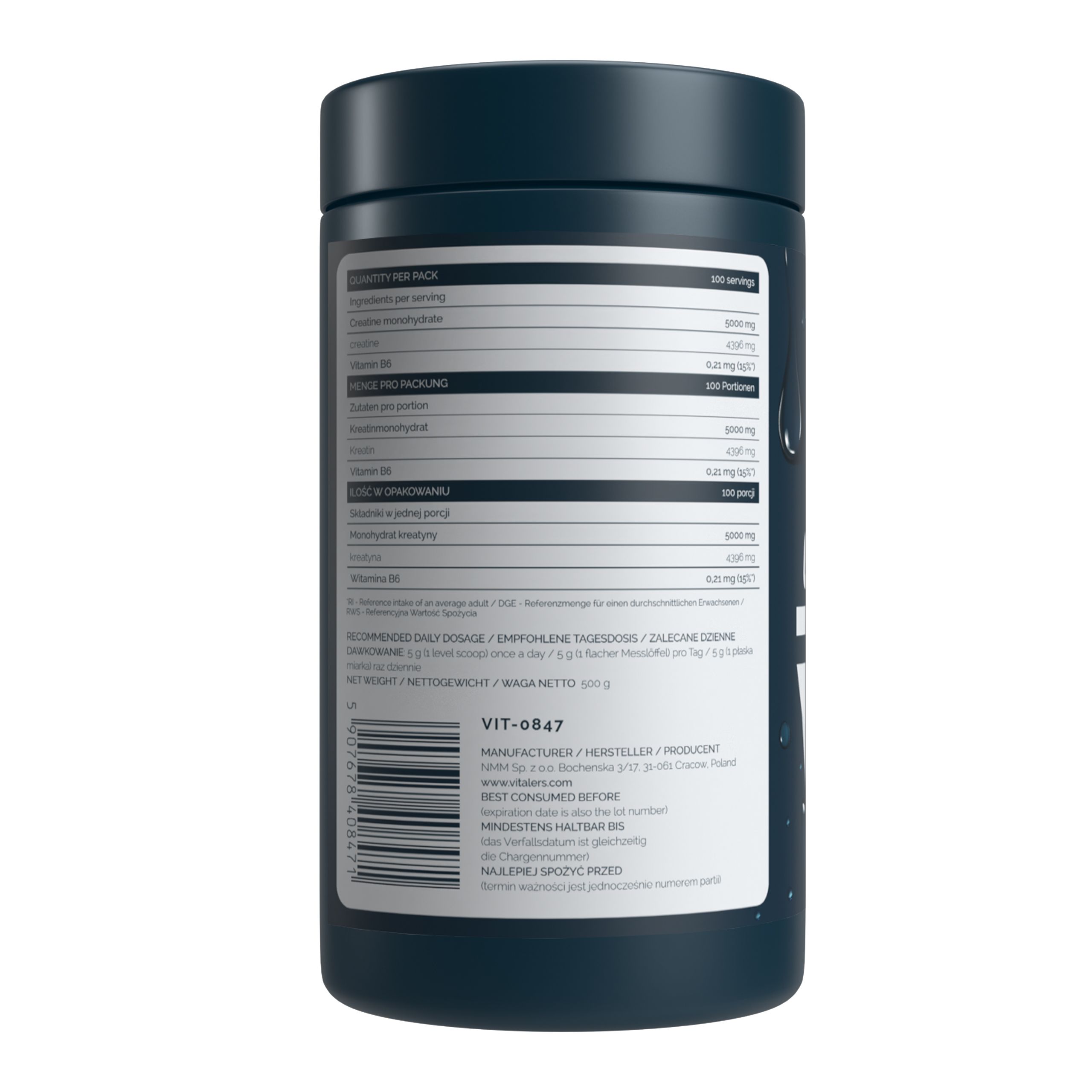 Arrière d'une boîte bleu foncé avec Vitaler's Sport Créatine Monohydrate. Affiche les informations nutritionnelles et produit.