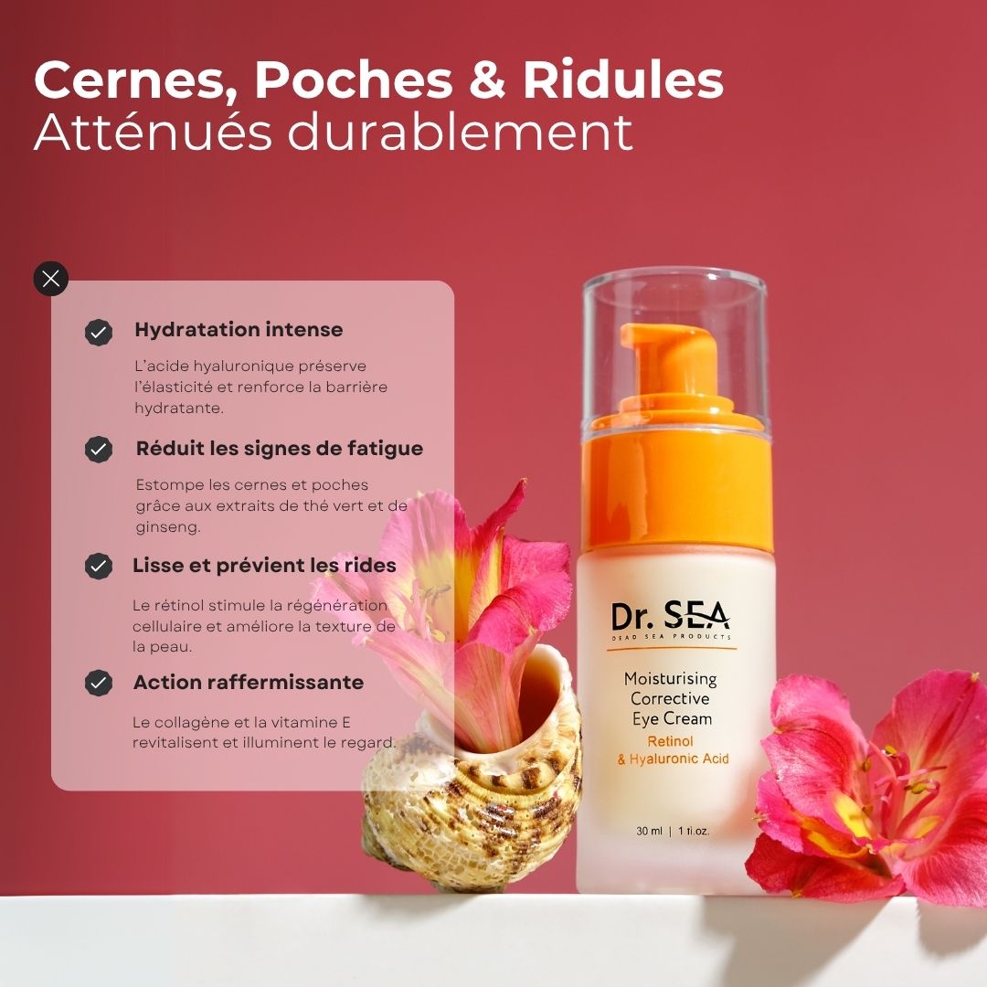Flacon de produit avec texte et illustrations. Texte : Dr. SEA, Moisturising Corrective Eye Cream, Rétinol & Acide Hyaluronique. Avec des fleurs.