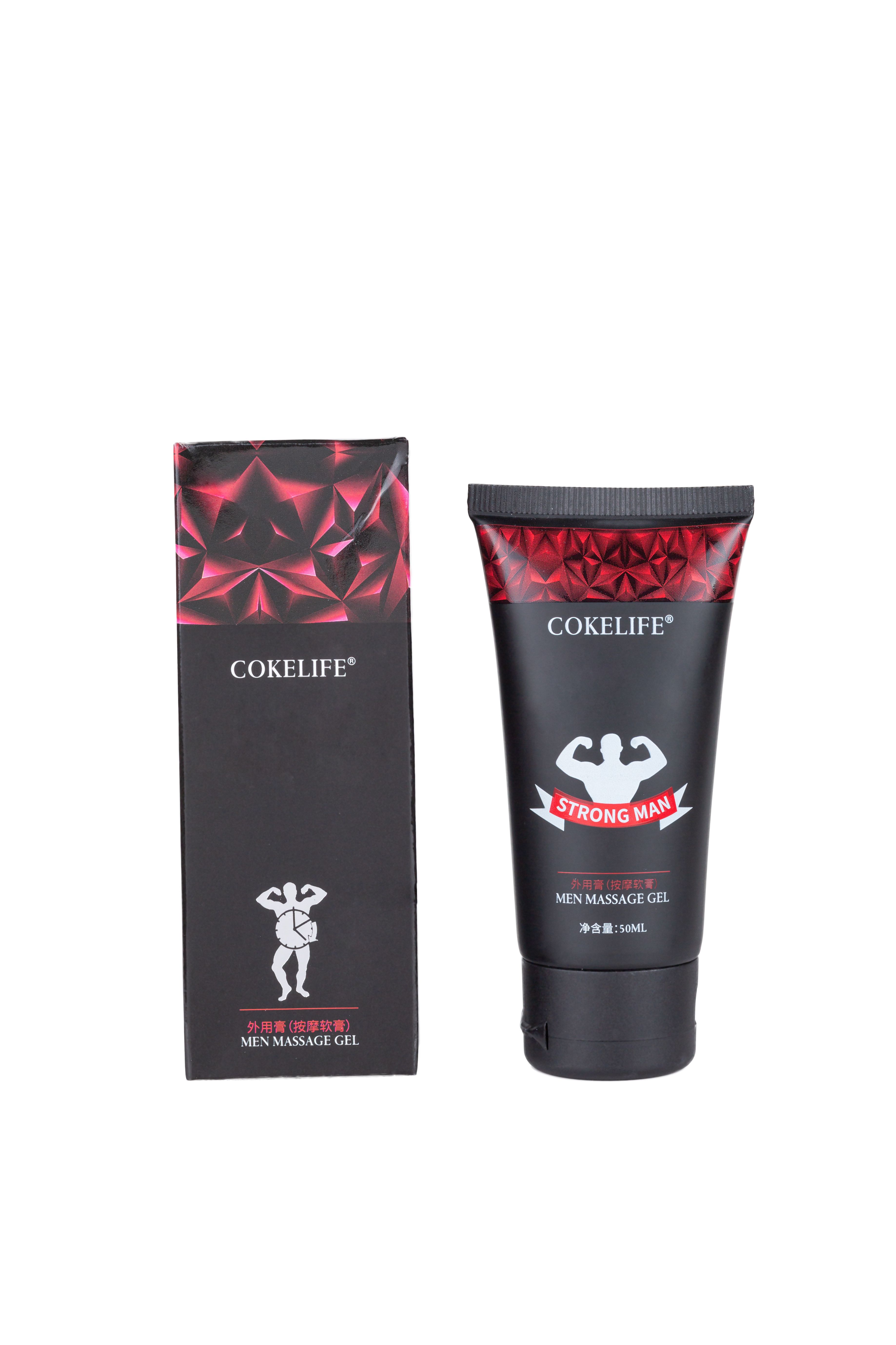 Tube noire et boîte avec motif rouge et texte. Texte: COKELIFE, STRONG MAN, MEN MASSAGE GEL.