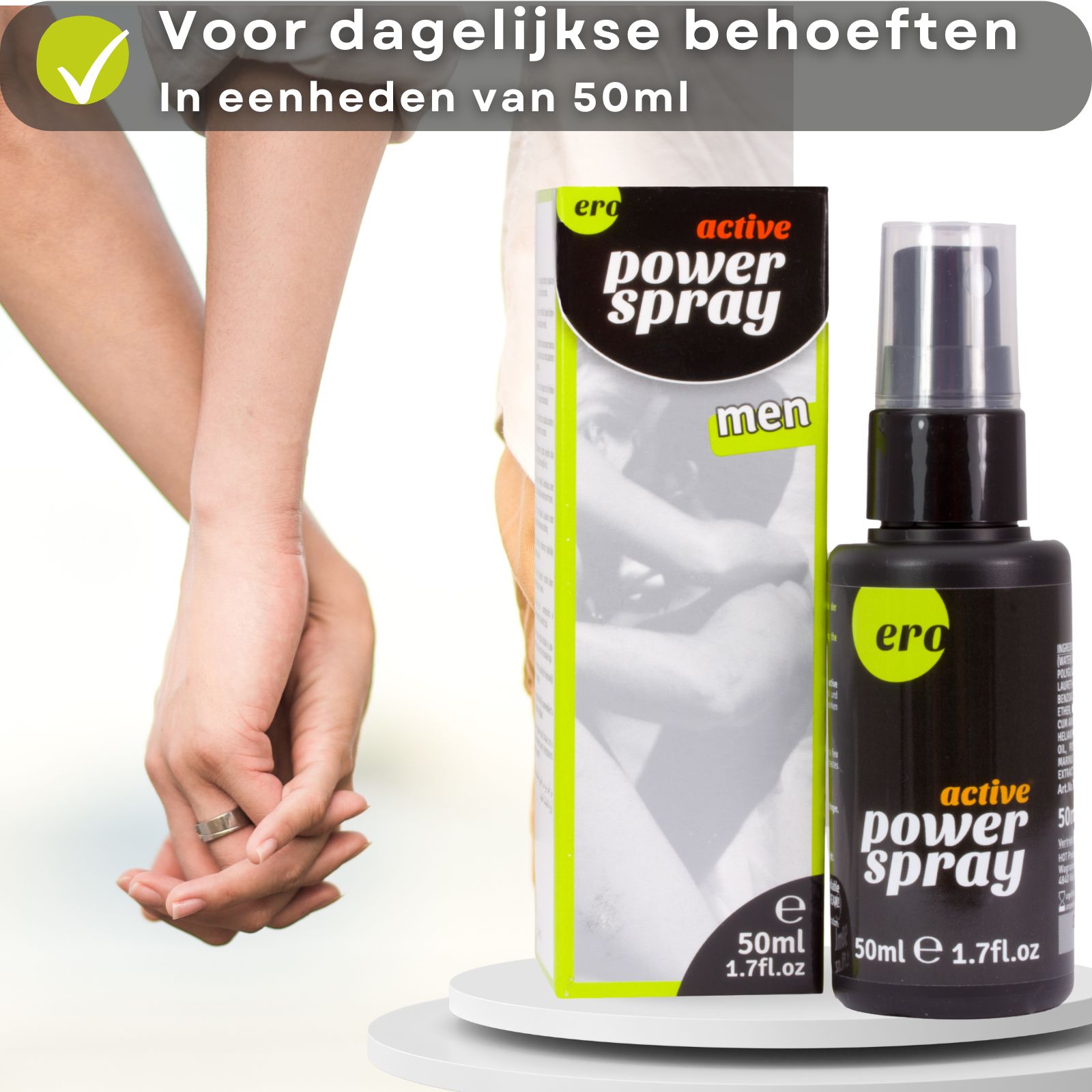 Productfles en verpakking. Handen vasthouden. Tekst: Voor dagelijkse behoeften. 50ml.