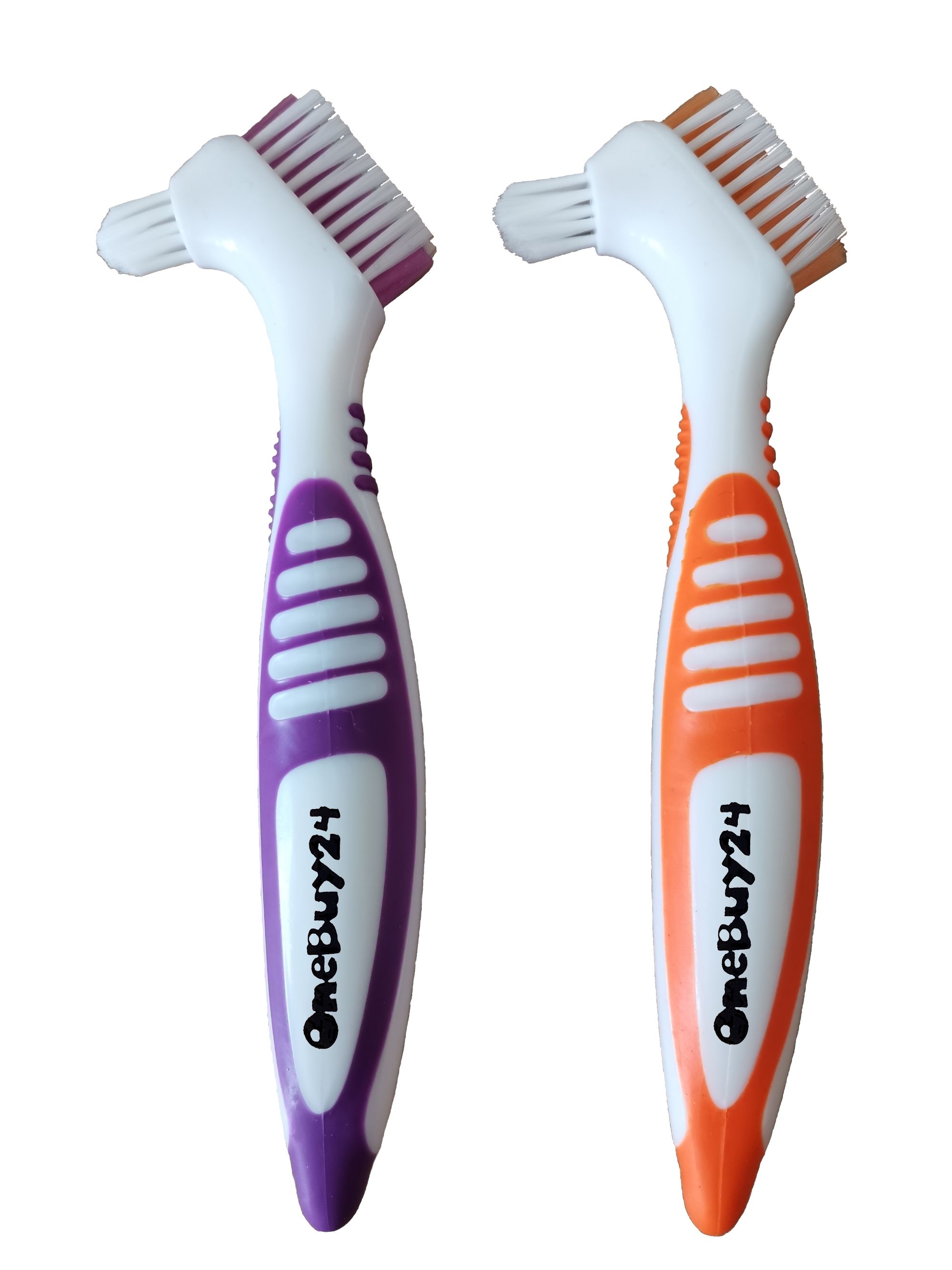 Deux brosses à dents pour prothèses avec manches colorés : violet et orange. Marque : OneBuy24.