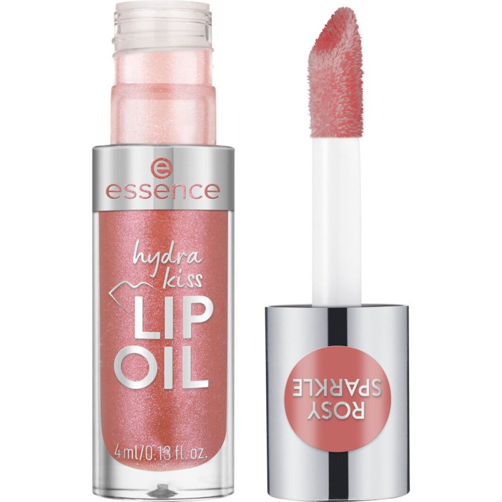 Flesje lipolie met roze inhoud en applicator. Opschrift: 'Essence hydra kiss LIP OIL'. Op de dop staat 'Rosy Sparkle'.