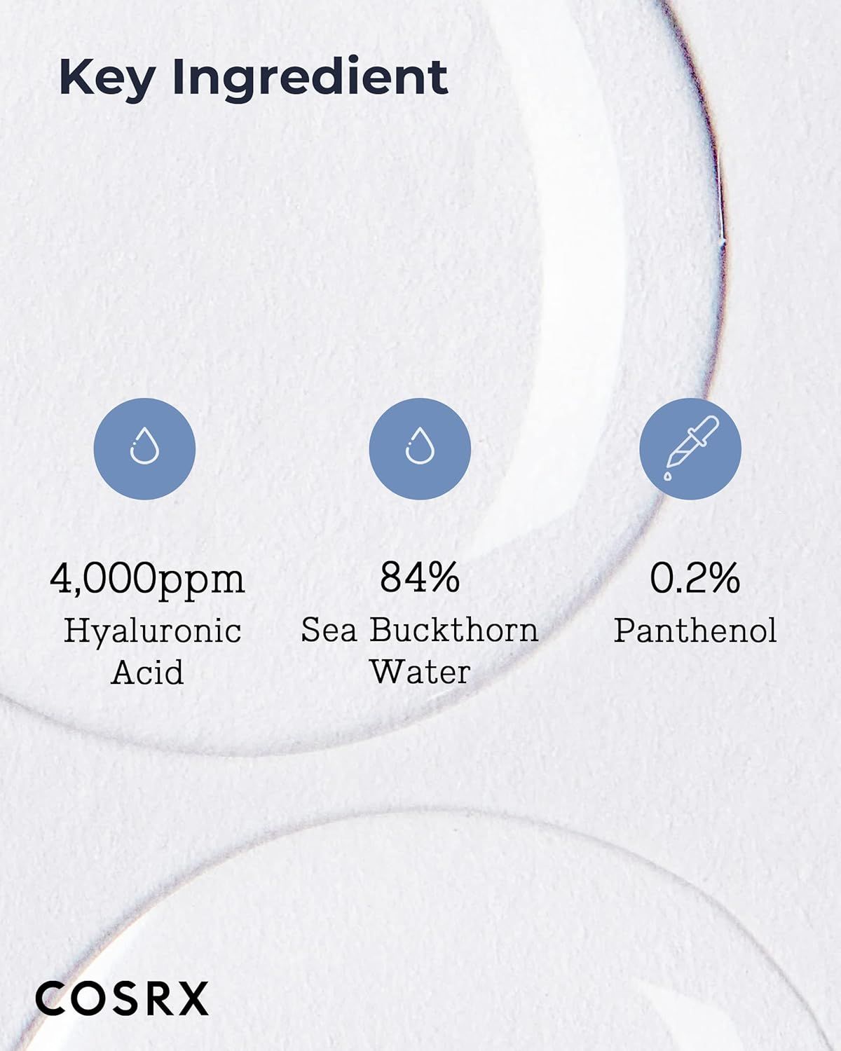 Texte: Key Ingredient. 4 000 ppm Acide Hyaluronique, 84% Eau d'argousier, 0,2% Panthénol. Sur fond clair.