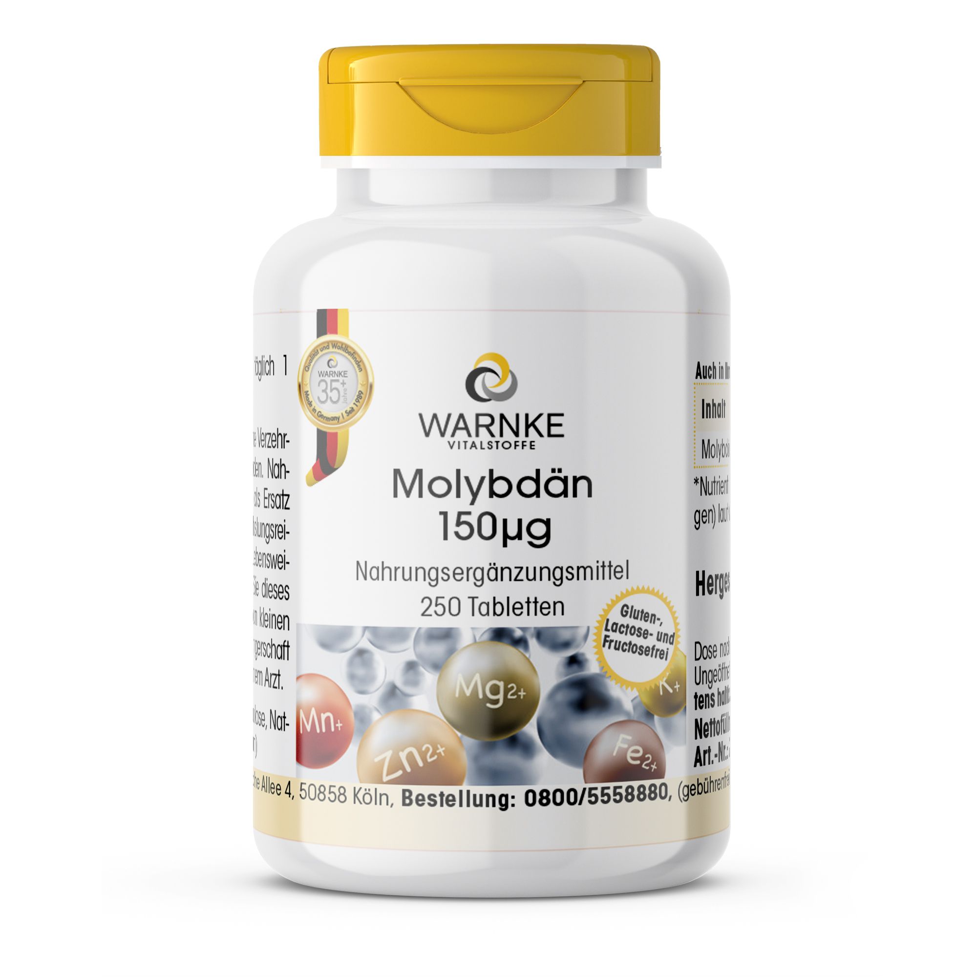 Witte fles met gele dop. Opschrift: Molybdeen 150µg, 250 tabletten. Voedingssupplement. Warnke Vitalstoffe. Met certificering.