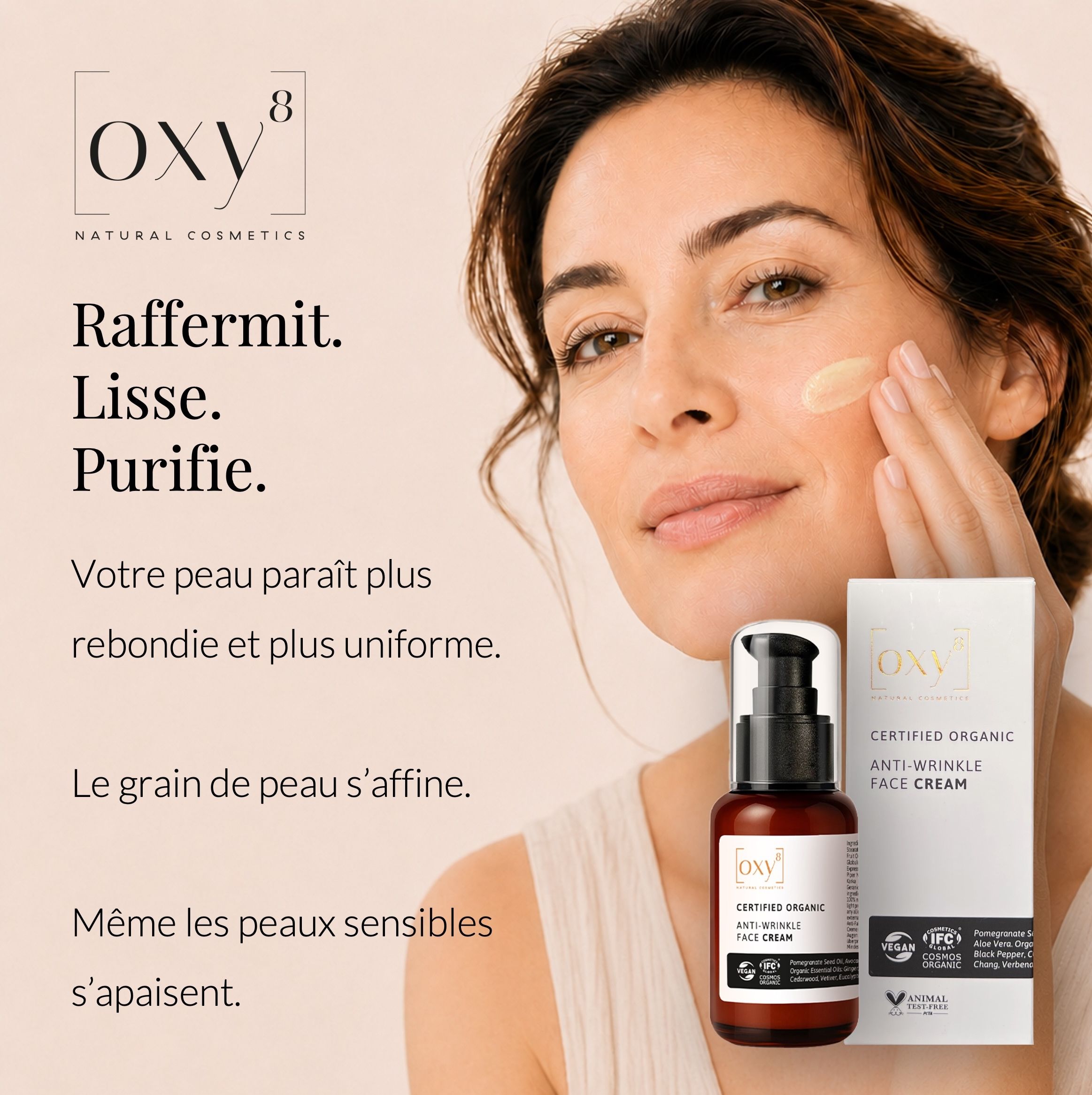Femme avec visage. Texte: Plus de 300 000 produits vendus. Certifications.