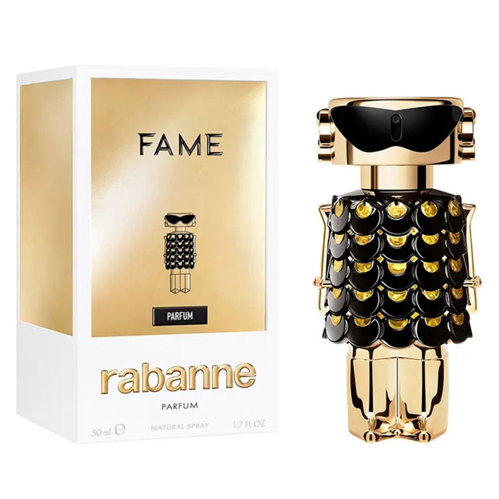 Paco Rabanne Fame Eau de Parfum fles en verpakking. Robotfles, goud, zwarte schubben.