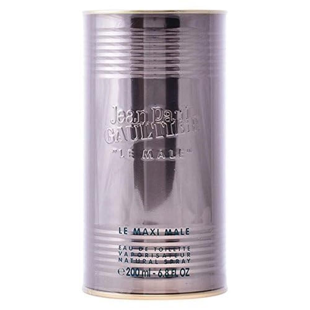 Boîte cylindrique avec inscription "Jean Paul Gaultier LE MALE". Texte : "LE MAXI MALE", "Eau de Toilette", "200 ml".