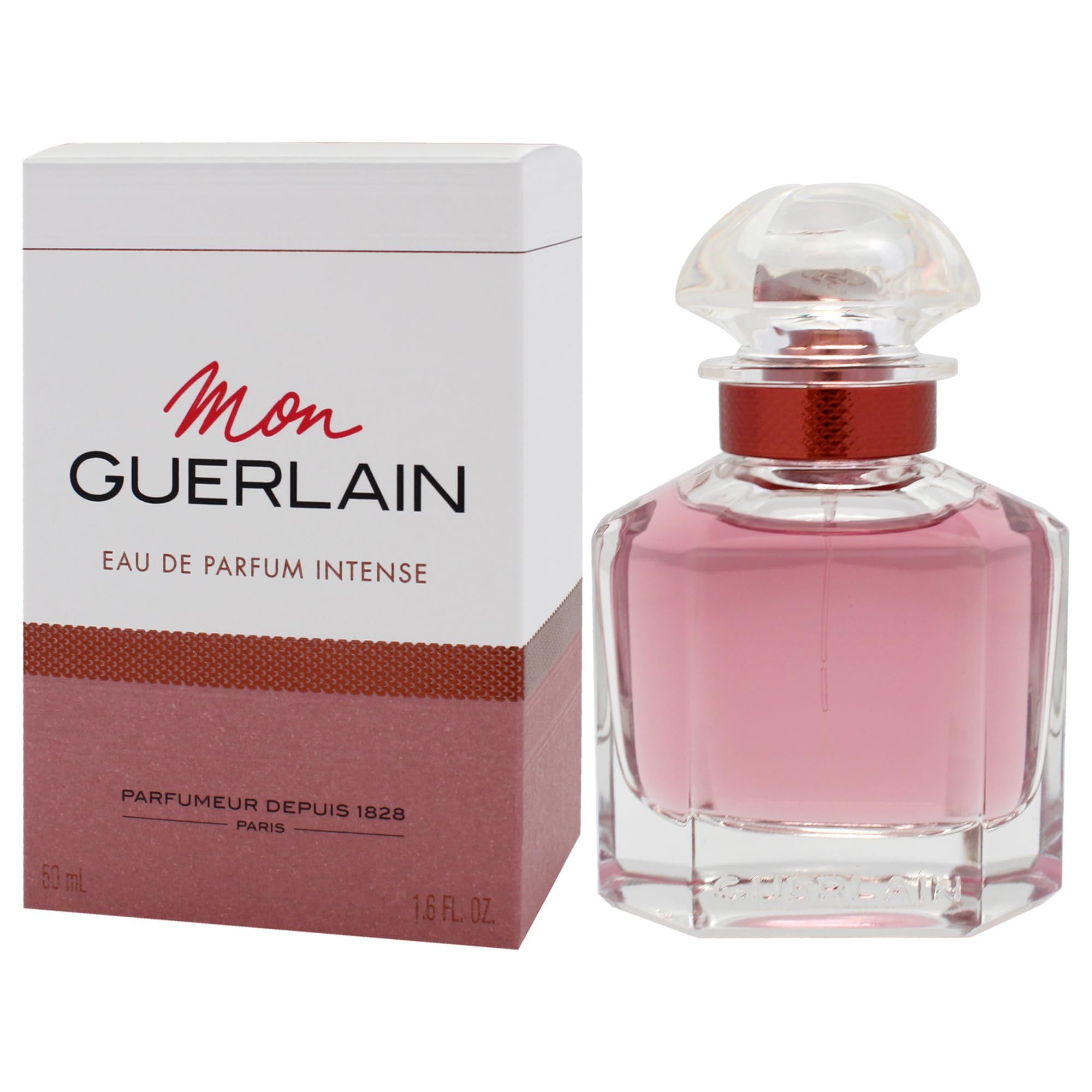 Roze fles en verpakking. Opschrift: Mon Guerlain Eau de Parfum Intense. 50 ml.