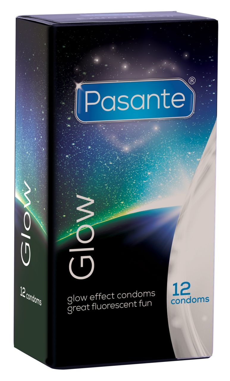 Boîte Pasante Glow. Boîte noire avec 12 préservatifs. Texte : Glow, glow effect condoms, great fluorescent fun.