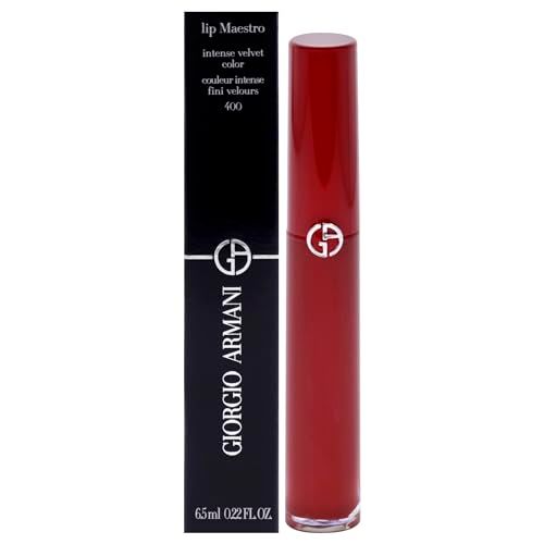 Rode lipstick en zwarte verpakking. Opschrift: Giorgio Armani, Lip Maestro, 400. Zilveren logo.