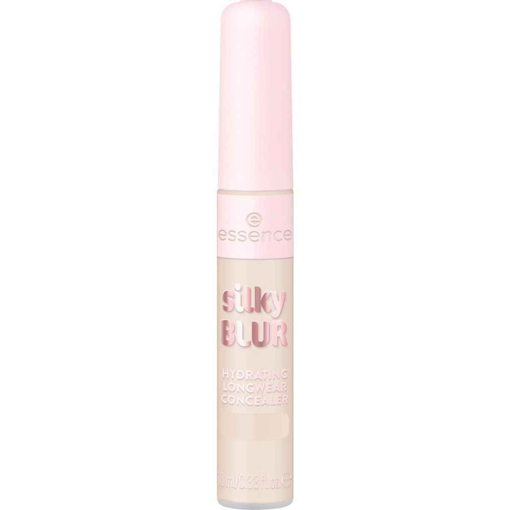 Tube de correcteur avec bouchon rose. Inscription : Silky Blur, Hydrating Longwear Concealer. Marque : Essence.