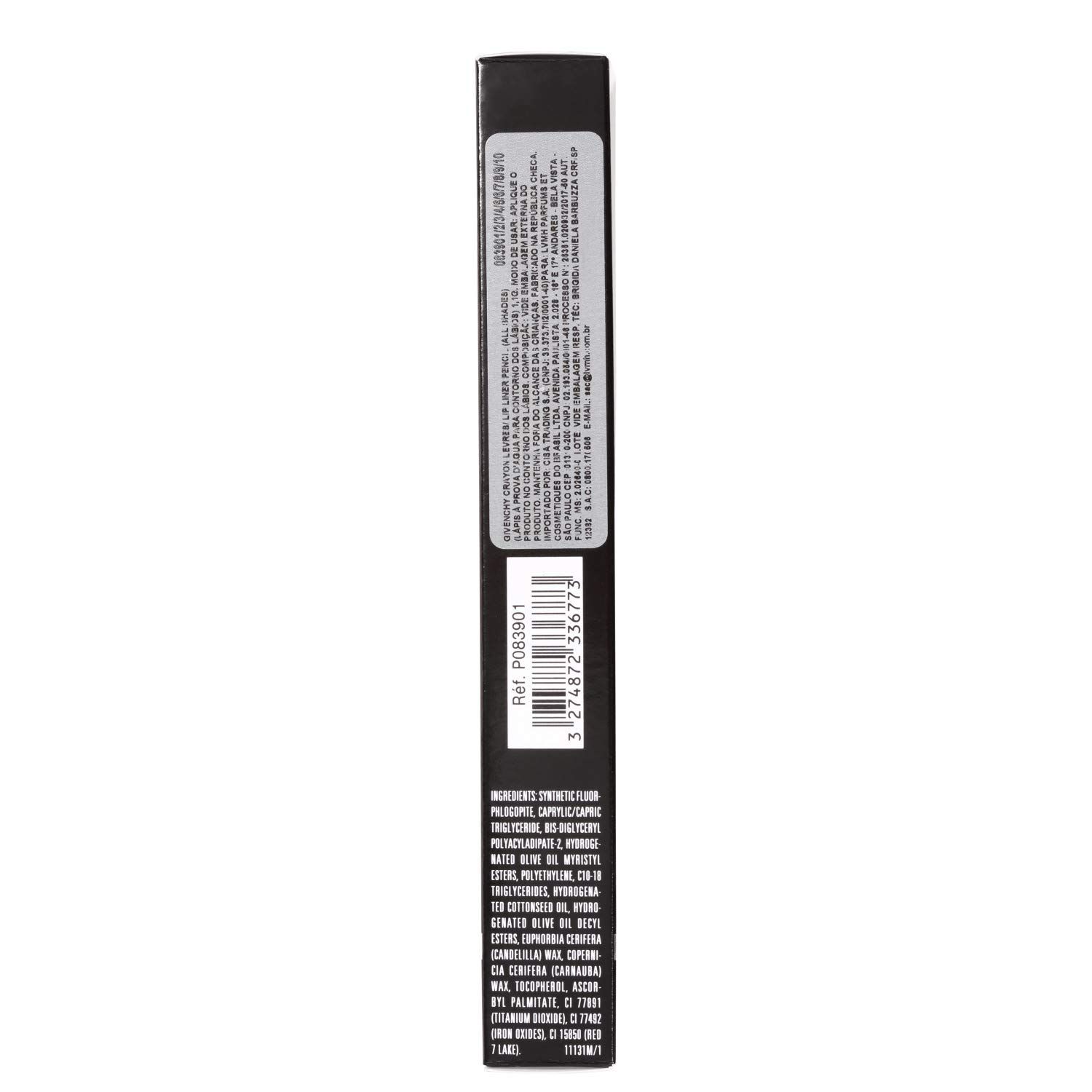 Dos de l'emballage noir du crayon à lèvres. Texte avec ingrédients et informations. Code-barres et numéro de référence.