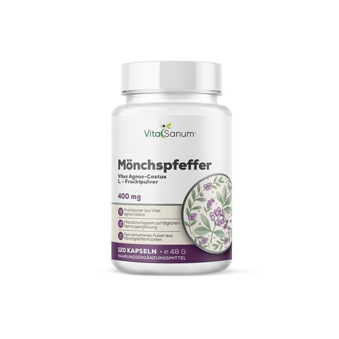 Witte fles VitaSanum Mönchspfeffer. Opschrift: 400 mg, 120 capsules. Illustratie van paarse bloemen. Voedingssupplement.