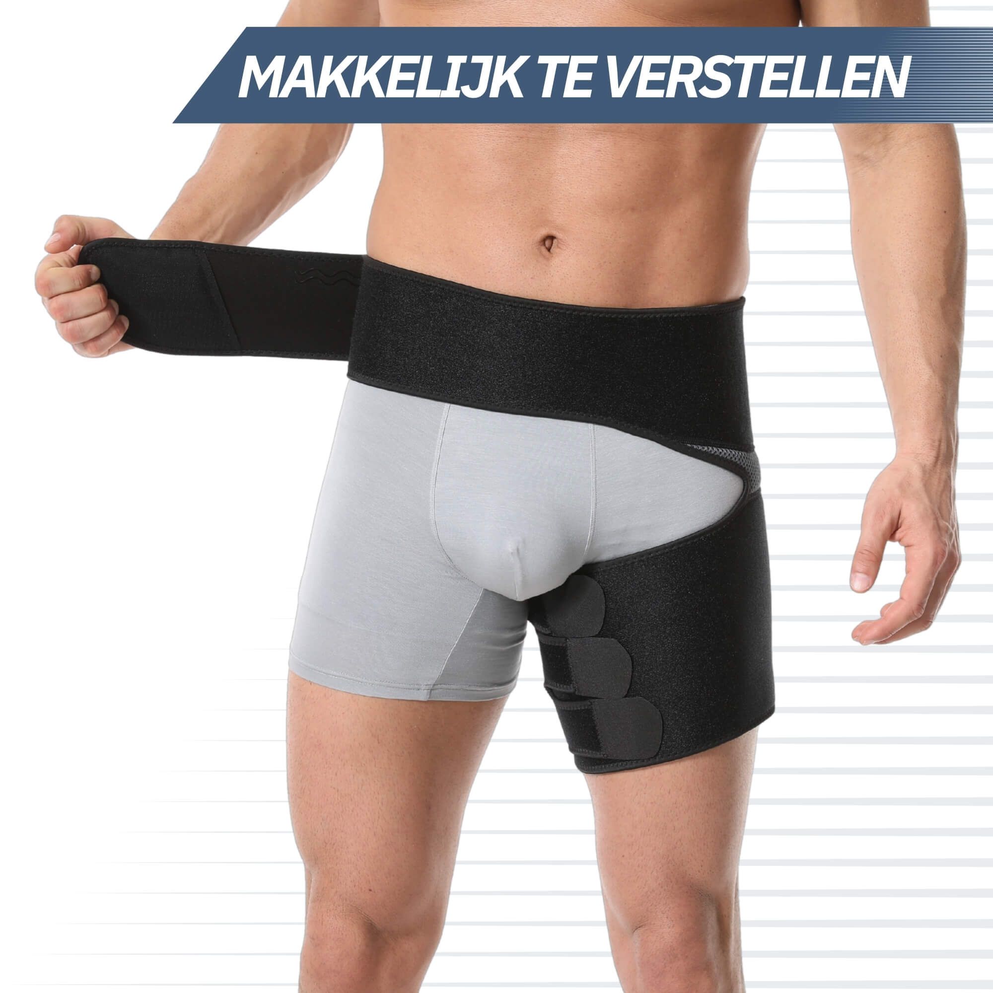 Ceinture de soutien noire pour hanche et cuisse avec velcro et maille.