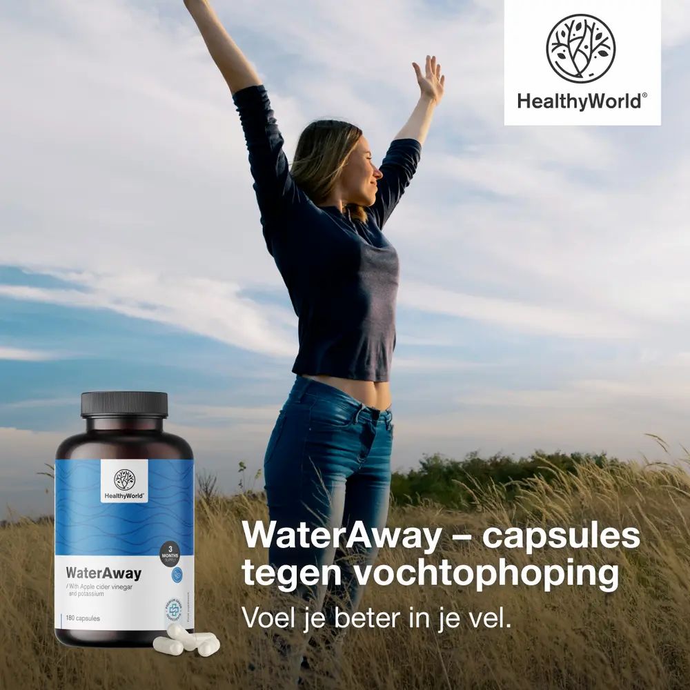 Vrouw met opgeheven armen. Fles WaterAway capsules. Tekst: WaterAway - capsules tegen vochtophoping.