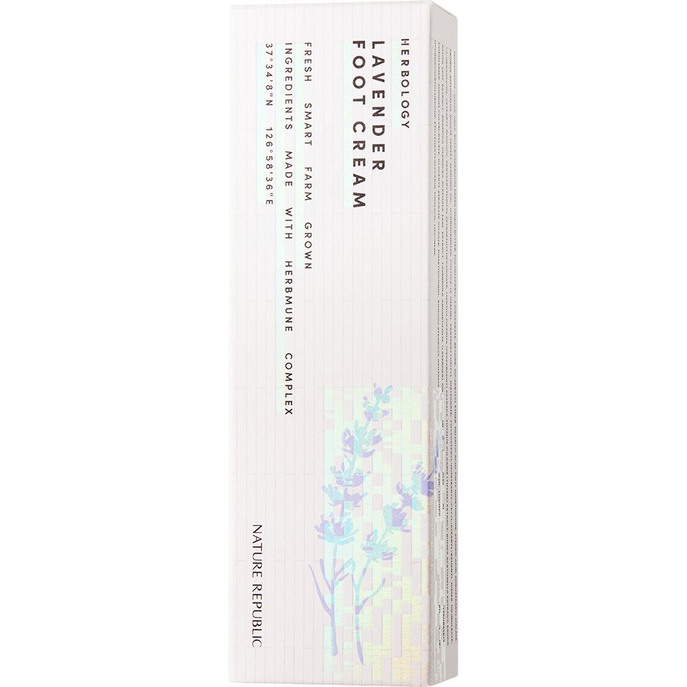 Verpakking van voetcrème. Tekst: Herbology, Lavender Foot Cream, Fresh, Smart Farm, Grown Ingredients, Made with HerbMune Complex. Merk: NATURE REPUBLIC.