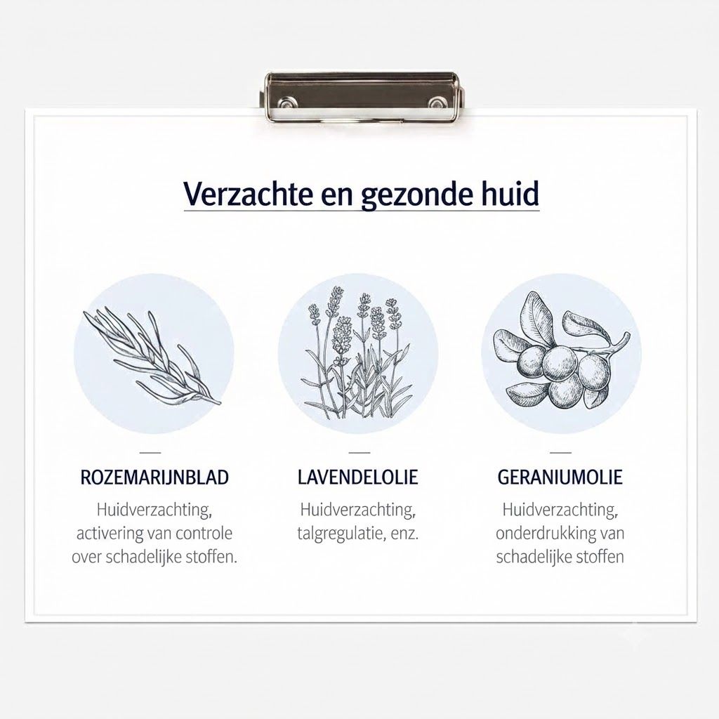 Illustraties van rozemarijn, lavendel en geraniumolie met tekst over voordelen voor huidverzorging.