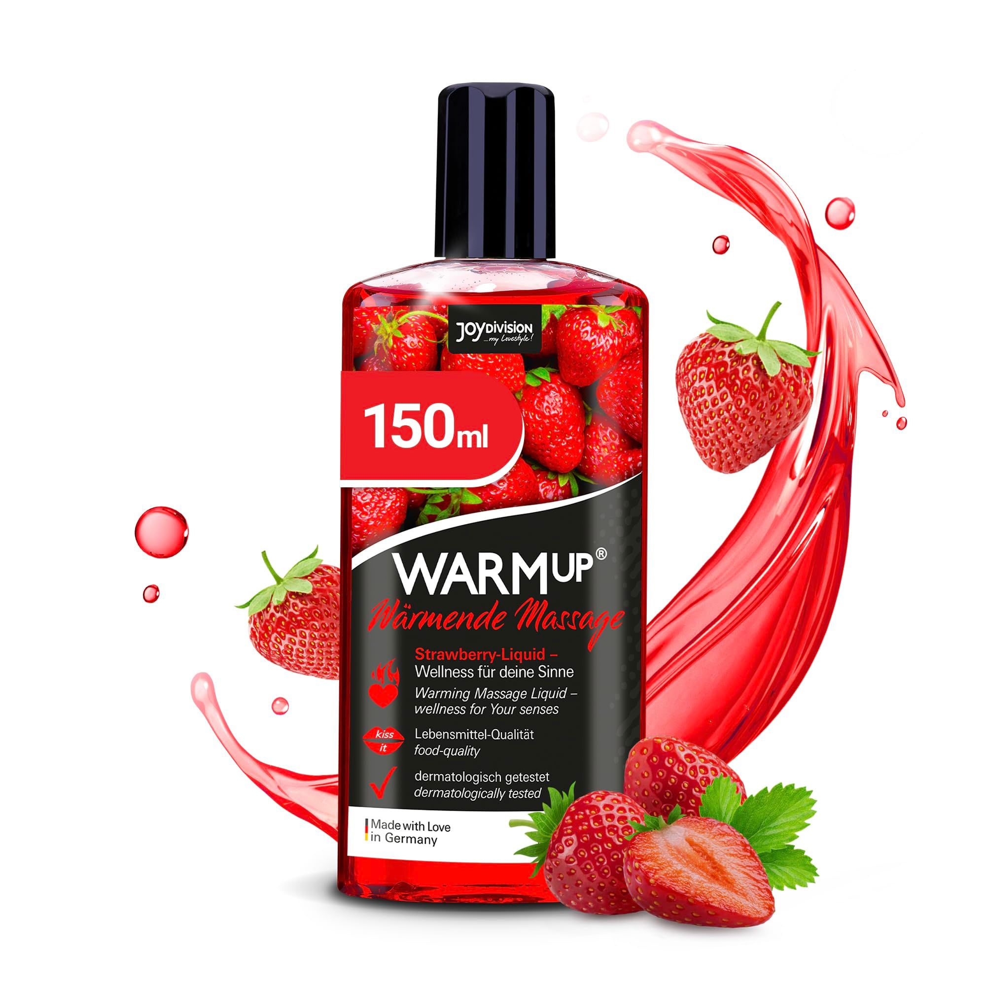 Bouteille d'huile de massage rouge avec imprimé fraise et fraises.