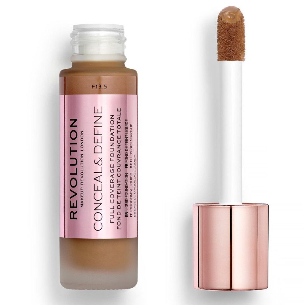 Foundationflesje met applicator. Roze label met Conceal & Define. Tint F13.5. Volledige dekking.