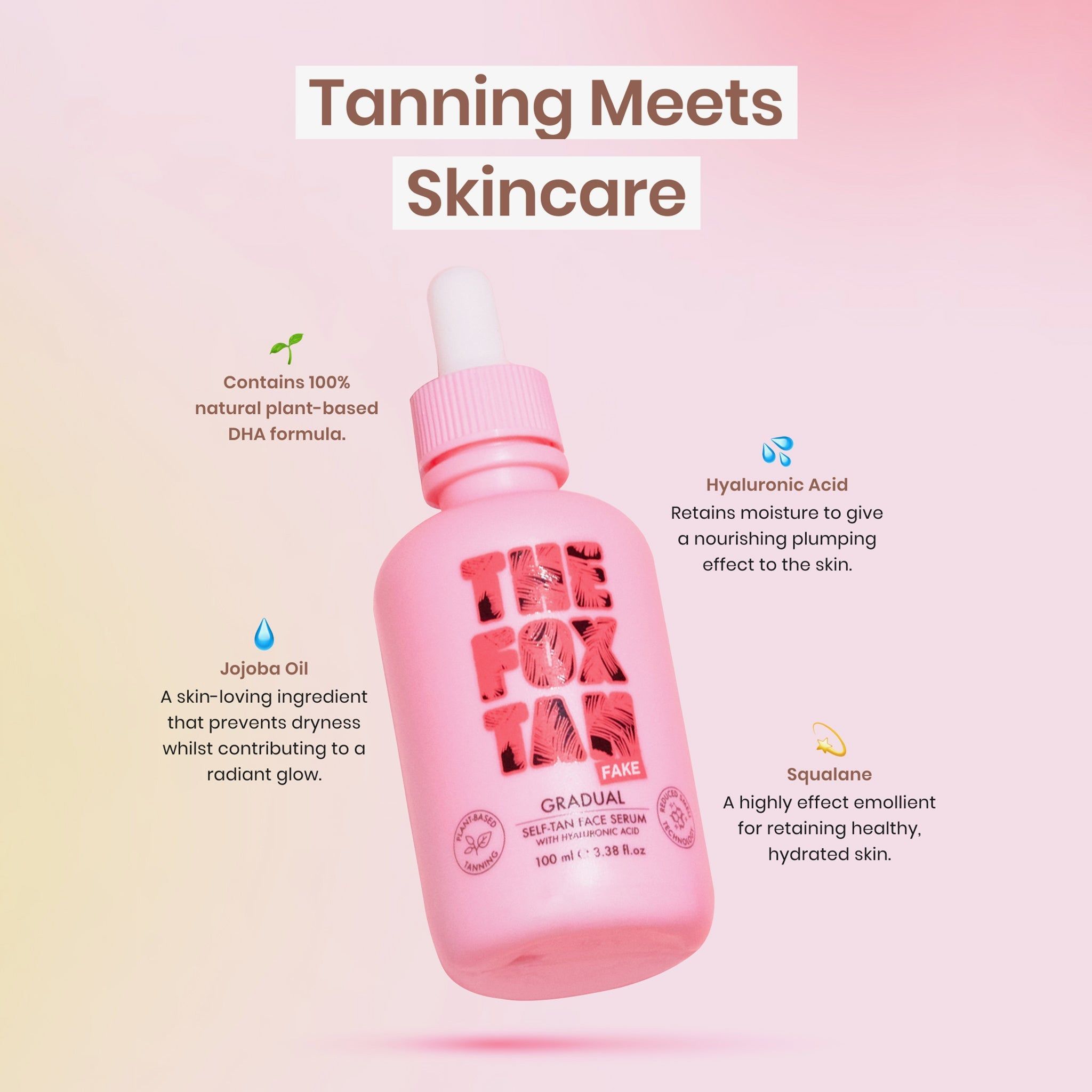 Flacon rose avec compte-gouttes blanc. Texte : THE FOX TAN. GRADUAL SELF-TAN FACE SERUM. Infos.