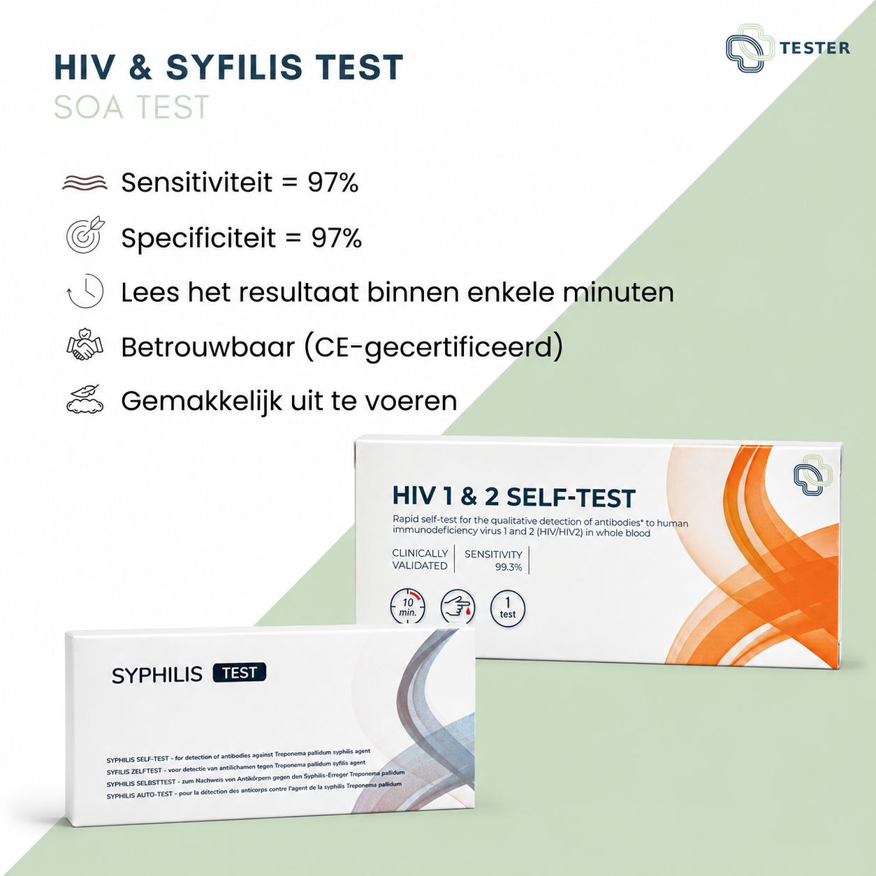 HIV & Syfilis SOA Test: Sensitiviteit 97%, Specificiteit 97%. CE-gecertificeerd. Twee testkits.