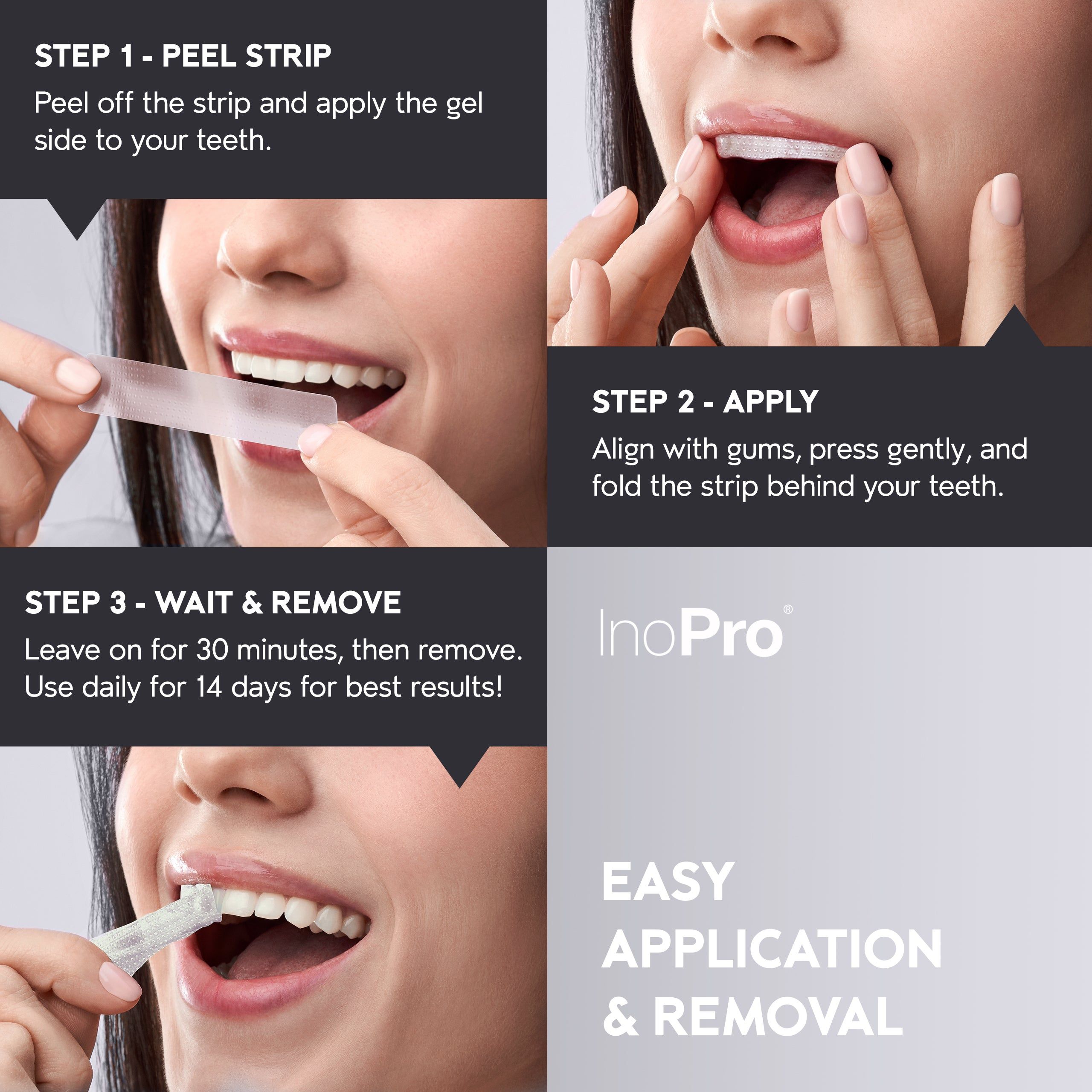 Instructies voor het gebruik van INOPRO whitening strips in vier stappen: pellen, aanbrengen, wachten en verwijderen.