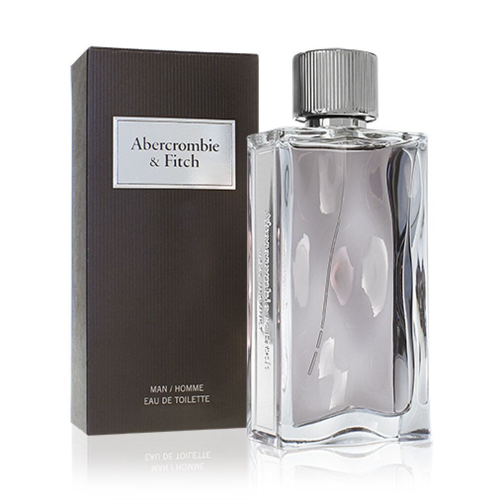 Fles en verpakking van Abercrombie & Fitch Eau de Toilette. Rechthoekige fles met zilveren dop. Bruine verpakking met logo.