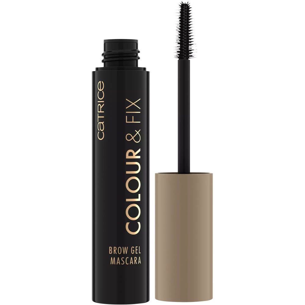 Tube de mascara noir avec texte doré. Bouchon beige. Brosse visible. Inscription: Catrice, Colour & Fix, Brow Gel Mascara.