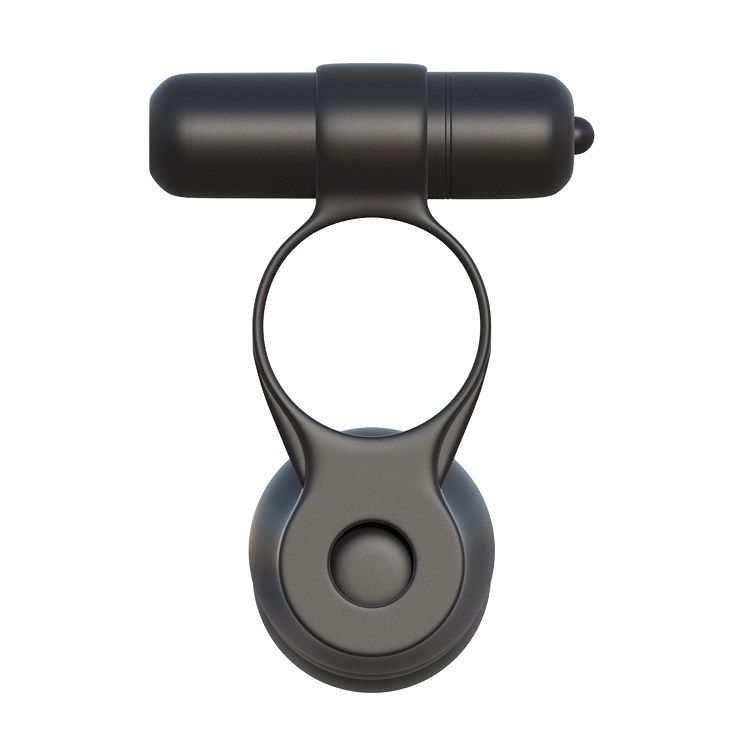 Bovenaanzicht van een zwarte dubbele penetratiemassager ring met vibrerende bullet.